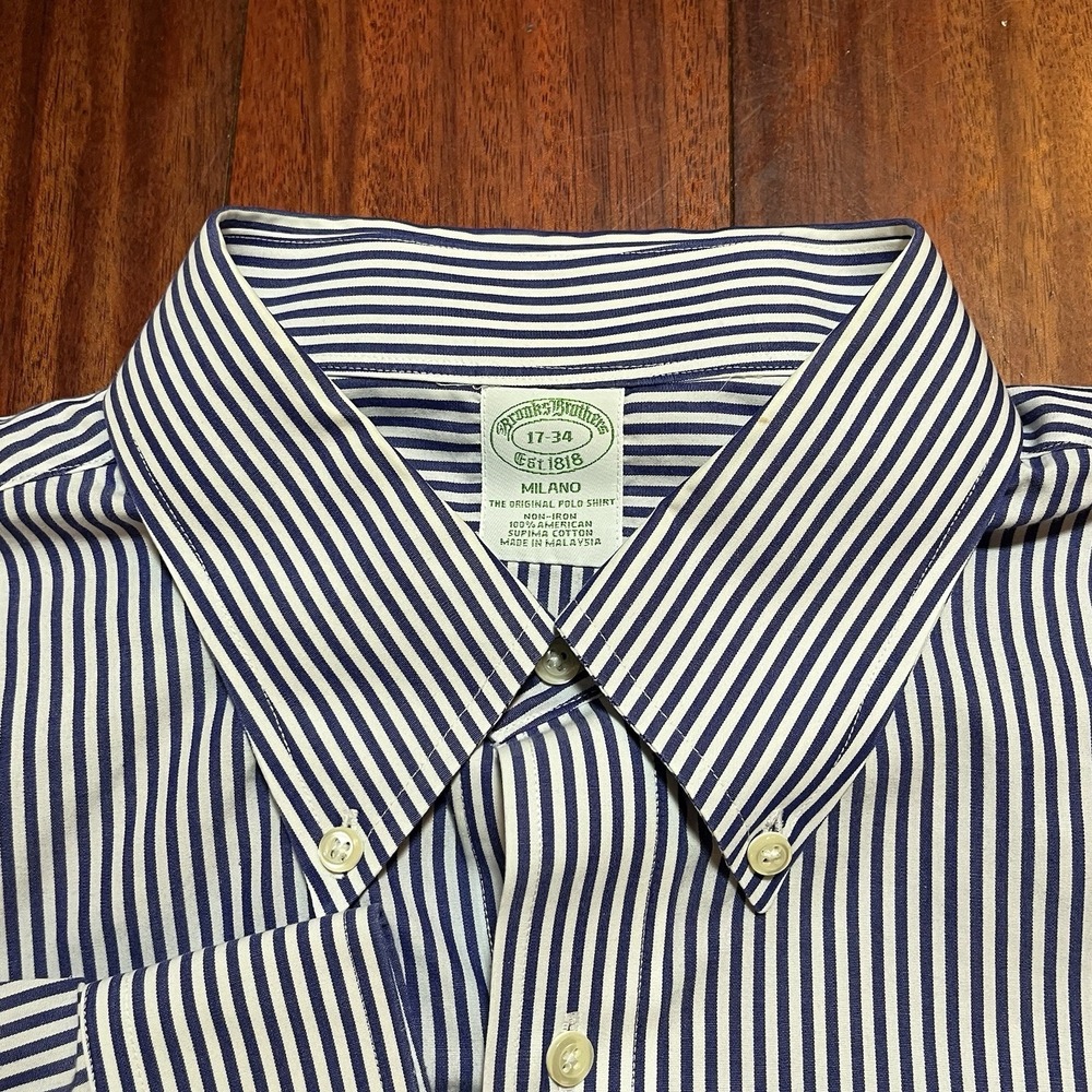 Brooks Brothers Shirt Men 17 34 Blue White Plaid Check Milano Button Down Oxford - Picture 3 of 10